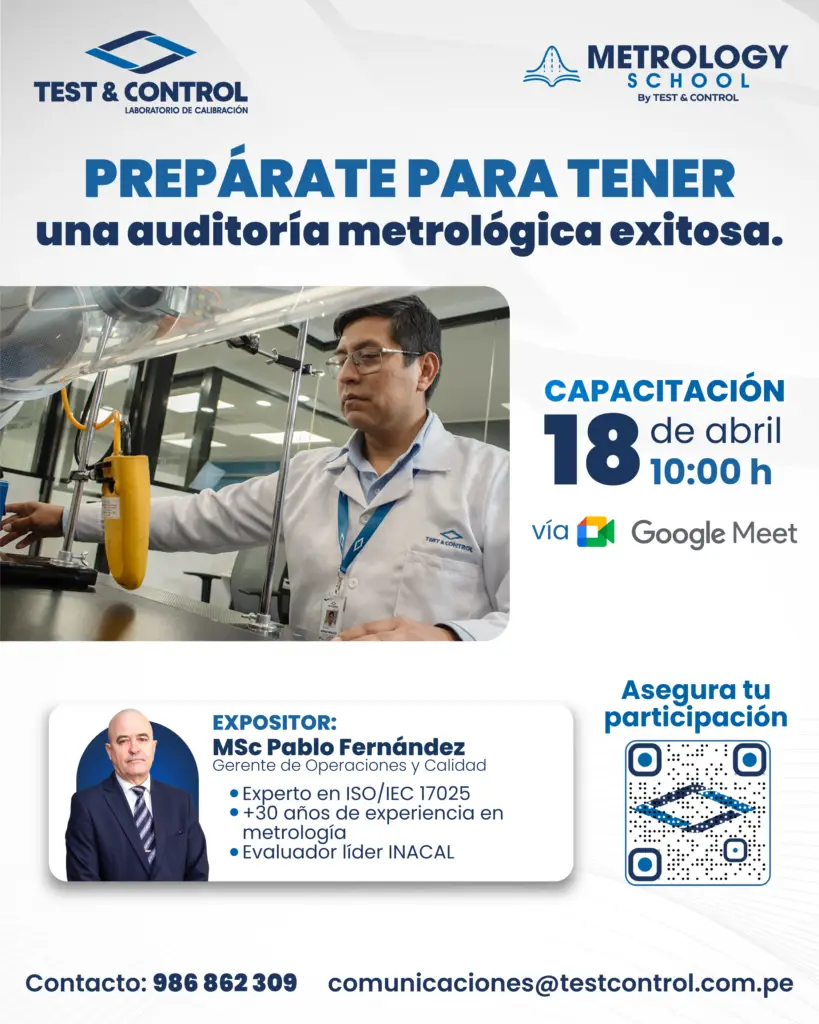 Flyer de la capacitación "Prepárate para tener una auditoría metrológica exitosa". El 18 de abril a las 10h